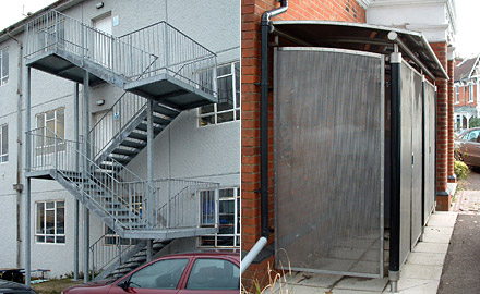 Metal fire escape staircase and secure outside storage